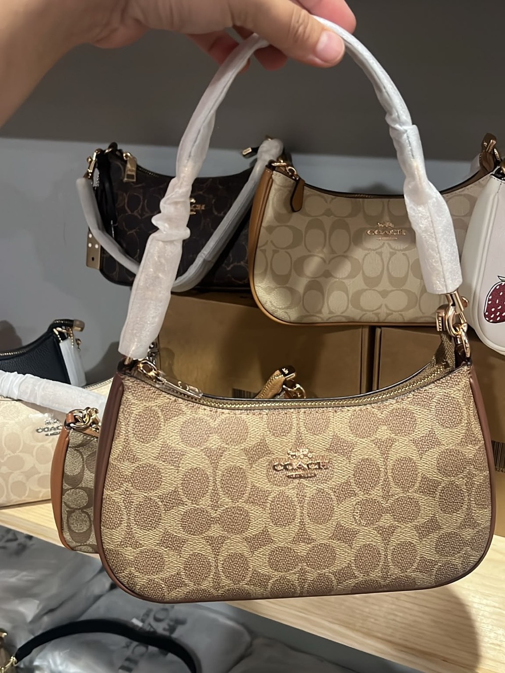 Coach Signature Canvas Shoulder Bag in Khaki/Tan with Gold Hardware